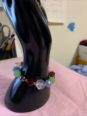 Colorful Beaded Stretch Bracelet — Red, Green & Blue